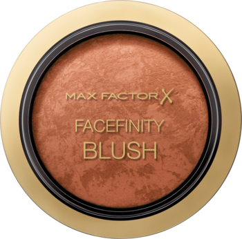 Max Factor Facefinity Blush w złotym etui. Okrągły, marmurkowy róż, widok z góry, z napisem Max Factor X.