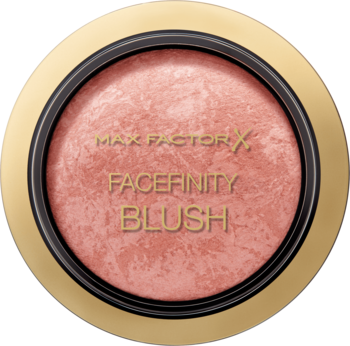 Okrągły róż Max Factor Facefinity Blush Lovely Pink w złotym kompakcie, marmurkowy, z napisem, widok z góry.
