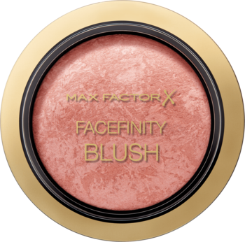 Okrągły róż Max Factor Facefinity Blush Lovely Pink w złotym kompakcie, marmurkowy, z napisem, widok z góry.