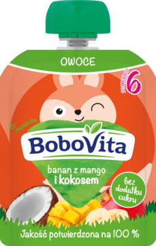BoboVita owocowa tubka: banan z mango i kokosem dla niemowląt po 6 miesiącu, bez dodatku cukru. Widok z przodu.