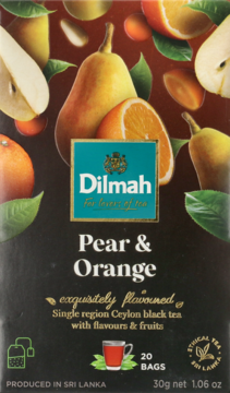 Dilmah Pear & Orange Cejlońska czarna herbata, ciemne opakowanie z grafiką gruszek i pomarańczy, widok z przodu.