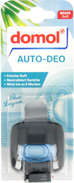 domol AUTO-DEO Blue Lagoon, czarny odświeżacz samochodowy w blistrze, neutralizuje zapachy, widok z przodu.