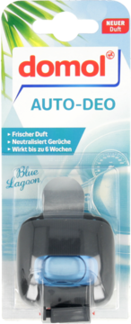 domol AUTO-DEO Blue Lagoon, czarny odświeżacz samochodowy w blistrze, neutralizuje zapachy, widok z przodu.