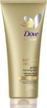 Złota tuba Dove Body Love, balsam do ciała stopniowo opalający do jasnej i średniej karnacji, przód.