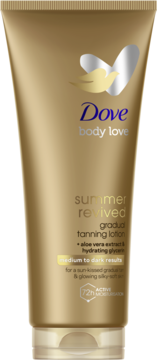 Złoty balsam samoopalający Dove Body Love Summer Revived do średniej i ciemnej karnacji, widok z przodu.