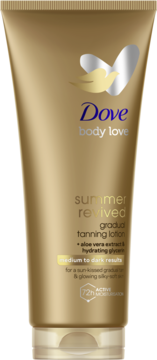 Złoty balsam samoopalający Dove Body Love Summer Revived do średniej i ciemnej karnacji, widok z przodu.