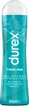 Durex Tingling stymulujący żel w turkusowej butelce 50ml, biała nakrętka, widok z przodu.