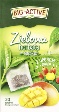 Big-Active zielona herbata w torebkach z opuncją i mango, zielone opakowanie z grafiką owoców, widok z przodu.