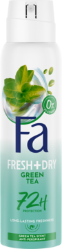 Antyperspirant Fa Fresh+Dry Green Tea 72H w biało-zielonym sprayu, z liśćmi herbaty, 0% alkoholu. Widok z przodu.