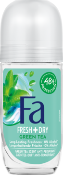 Fa Fresh+Dry Green Tea roll-on antyperspirant, 48h ochrona, w przezroczystej butelce z zieloną etykietą, widok z przodu.