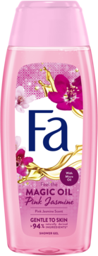Różowy żel pod prysznic Fa Magic Oil Pink Jasmine, butelka z kwiatami i złotymi olejkami, widok z przodu.