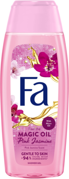 Różowy żel pod prysznic Fa Magic Oil Pink Jasmine, butelka z kwiatami i złotymi olejkami, widok z przodu.
