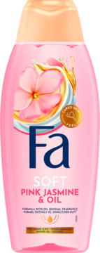 Fa Soft Pink Jasmine & Oil żel pod prysznic, różowa butelka z kwiatami jaśminu i złotym olejkiem, widok z przodu.