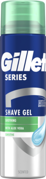 Żel do golenia Gillette Series Soothing z aloesem dla skóry wrażliwej, niebiesko-zielona butelka z przodu.