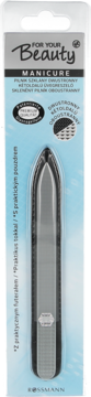 FOR YOUR Beauty szklany, dwustronny pilnik do paznokci, widoczny przez przezroczysty blister z niebieską kartą.