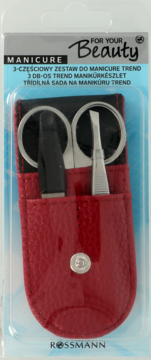 Manicure set Rossmann For Your Beauty, 3-elementowy: nożyczki, pęseta, pilnik w czerwonym etui, przód.