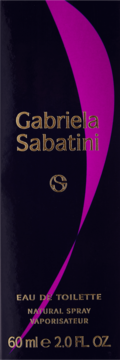Pudełko perfum Gabriela Sabatini EDT 60 ml, ciemne, z fuksjowym wzorem i złotymi napisami. Widok z przodu.