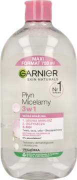 Płyn micelarny Garnier Skin Naturals 3w1 do skóry wrażliwej, 700ml, przezroczysta butelka, widok z przodu.