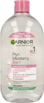 Płyn micelarny Garnier Skin Naturals 3w1 do skóry wrażliwej, 700ml, przezroczysta butelka, widok z przodu.