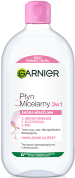 Biała butelka Garnier Płyn Micelarny 3w1 700ml do skóry wrażliwej, hipoalergiczny, usuwa makijaż i koi, widok z przodu.
