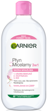 Garnier Płyn Micelarny 3w1 do skóry wrażliwej, 700ml, przezroczysta butelka z różowym zamknięciem, widok z przodu.