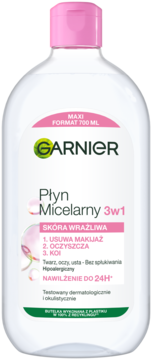 Biała butelka Garnier Płyn Micelarny 3w1 700ml do skóry wrażliwej, z różową nakrętką, widok z przodu.