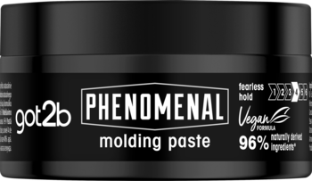 Czarna pasta modelująca got2b Phenomenal w słoiku, z białym napisem i wegańską formułą, widok z przodu.