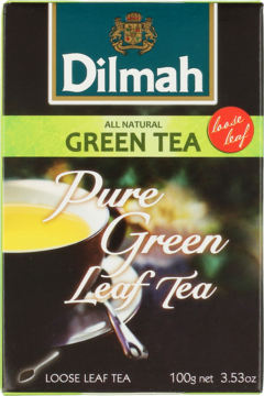 Czarno-zielone opakowanie herbaty Dilmah Pure Green Loose Leaf 100g, z grafiką filiżanki i liści.