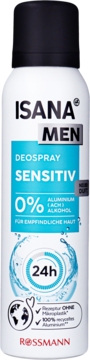 Isana Men Deospray Sensitiv 24h, 0% aluminium/alkoholu. Biała butelka dla wrażliwej skóry, widok z przodu.