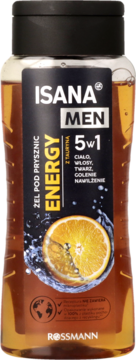 Isana Men Energy 5w1 żel pod prysznic z tauryną, brązowa butelka, czarna etykieta z pomarańczą, widok z przodu.