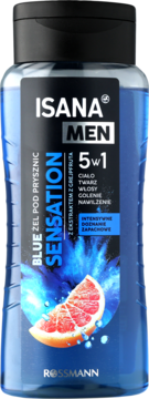 Niebieski żel Isana Men Blue Sensation 5w1 z ekstraktem grejpfruta, butelka z przodu, z grafiką owocu i rozpryskiem.
