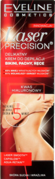 Eveline Laser Precision, delikatny krem do depilacji ciała z kwasem hialuronowym, front opakowania.