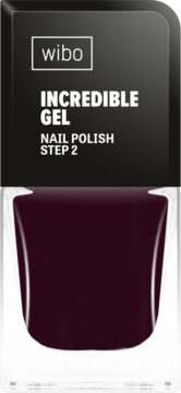 Wibo Incredible Gel lakier do paznokci Step 2, ciemnobordowy, w przezroczystej butelce, widok z przodu.