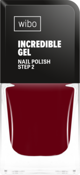 Wibo Incredible Gel Nail Polish Step 2, bordowy, żelowy lakier, intensywny kolor, bez lampy UV. Butelka z przodu.