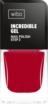 Wibo Incredible Gel Nail Polish Step 2, czerwony lakier do paznokci, butelka z czarną nakrętką, przód.