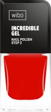 Czerwony lakier Wibo Incredible Gel Nail Polish Step 2 w czarnym opakowaniu, widok z przodu.
