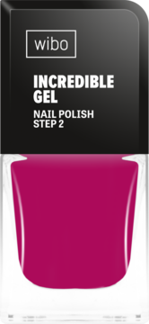 Żelowy lakier Wibo Incredible Gel Step 2, intensywny fuksjowy kolor w przezroczystej butelce, widok z przodu.
