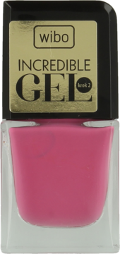 Wibo Incredible Gel krok 2, intensywny różowy lakier do paznokci w szklanej butelce, od frontu.