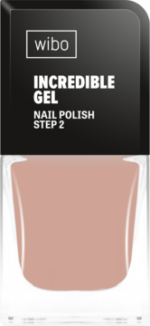 Wibo Incredible Gel Nail Polish Step 2 w butelce, beżowy kolor, z czarną etykietą, widok z przodu.