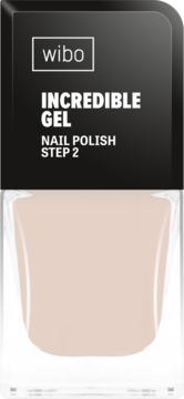 Wibo Incredible Gel Nail Polish Step 2, jasnobeżowy żelowy lakier w butelce, widok z przodu.