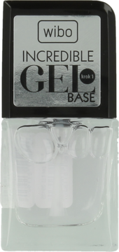 Wibo Incredible Gel Base "krok 1", baza pod lakier żelowy w przezroczystej butelce, widok z przodu.