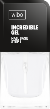Wibo Incredible Gel Nail Base Step 1, przezroczysta butelka z białym pędzelkiem w ciemnym kartonie, widok z przodu.