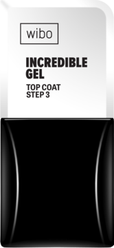 Wibo Incredible Gel Top Coat Step 3, czarna butelka z białym napisem, żelowy top coat do paznokci, widok z przodu.