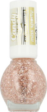 Lakier Miss Sporty Candy Shine Glitter Effect, mieniący różowo-złoty brokat, w szklanej butelce, z przodu.