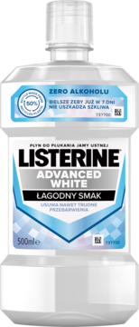 Listerine Advanced White, płyn do płukania ust, biało-niebieska butelka 500ml, usuwa przebarwienia, widok z przodu.