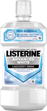 Listerine Advanced White, płyn do płukania ust, biało-niebieska butelka 500ml, usuwa przebarwienia, widok z przodu.