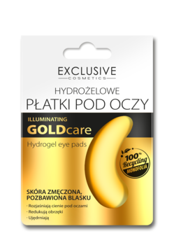 Złote, rozświetlające hydrożelowe płatki GOLDcare Exclusive Cosmetics w białej saszetce, widok z przodu.