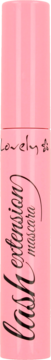 Pionowa, matowa, różowa tubka maskary Lovely Lash Extension z czarnymi napisami, widok z przodu.