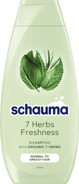 Jasnozielony szampon Schauma 7 Herbs, widok z przodu. Etykieta z zielonymi liśćmi, napis: normalne i przetłuszczające się włosy.