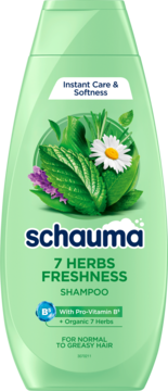 Schauma 7 Herbs Freshness Shampoo, zielona butelka, front, zioła i rumianek, do włosów normalnych i przetłuszczających.